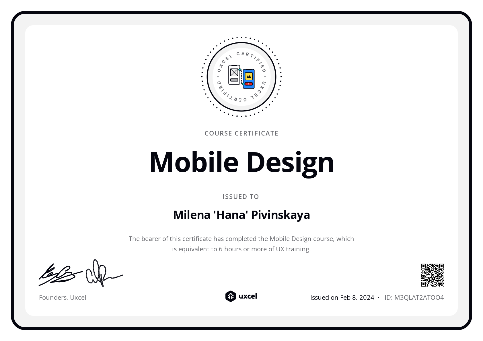 Milena 'Hana' Pivinskaya's certificate